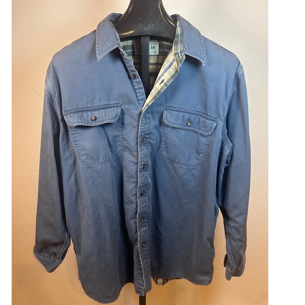 Vintage LL Bean Mens Blue Flannel Lined Twill Shirt Jacket Plaid Lining L